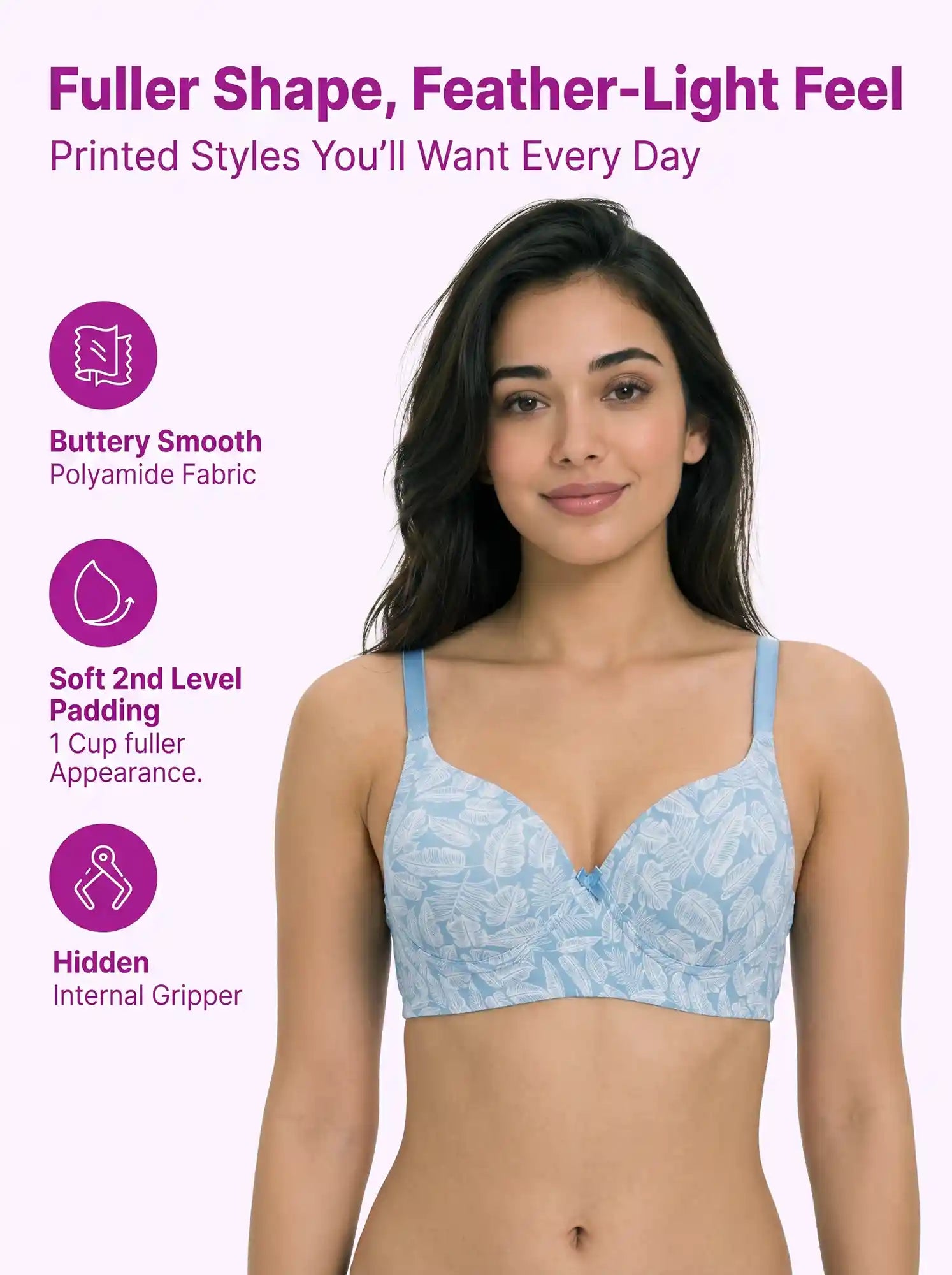 Printed Polyamide Level-2 Padded Push-Up Maximiser Bonded Bra | 3/4th Coverage | Wire-free Comfort, No Marks, No Poking (PAL-51756)