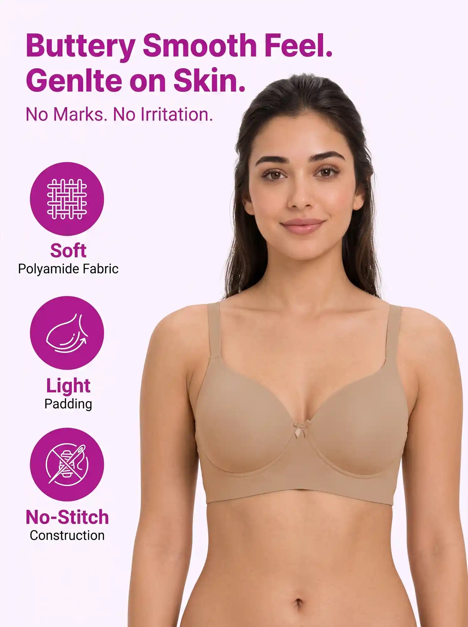 Polyamide Level-1 Padded Full Coverage Bonded T-Shirt Bra | Wire-free Comfort, No-Marks, No Rashes (PAL-5991) (Fawn)