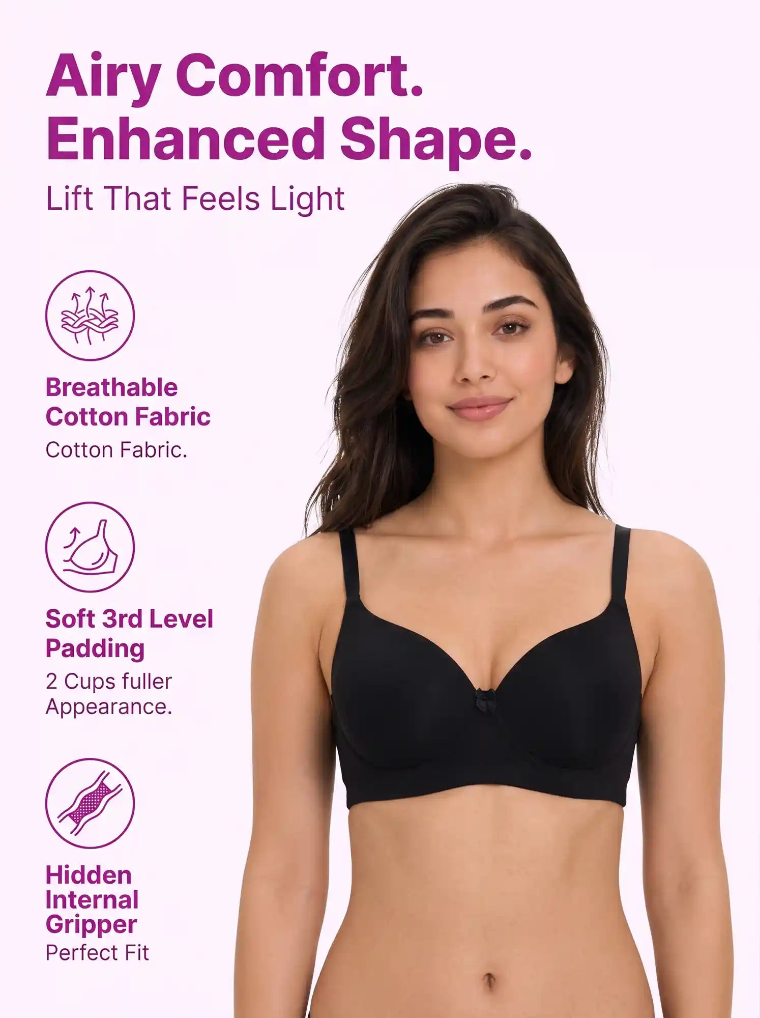 Cotton Level-3 Padded Push-Up Bonded Bra | 3/4th Coverage | Wire-free Seamless Comfort (PAL-SB-3510) (Black)