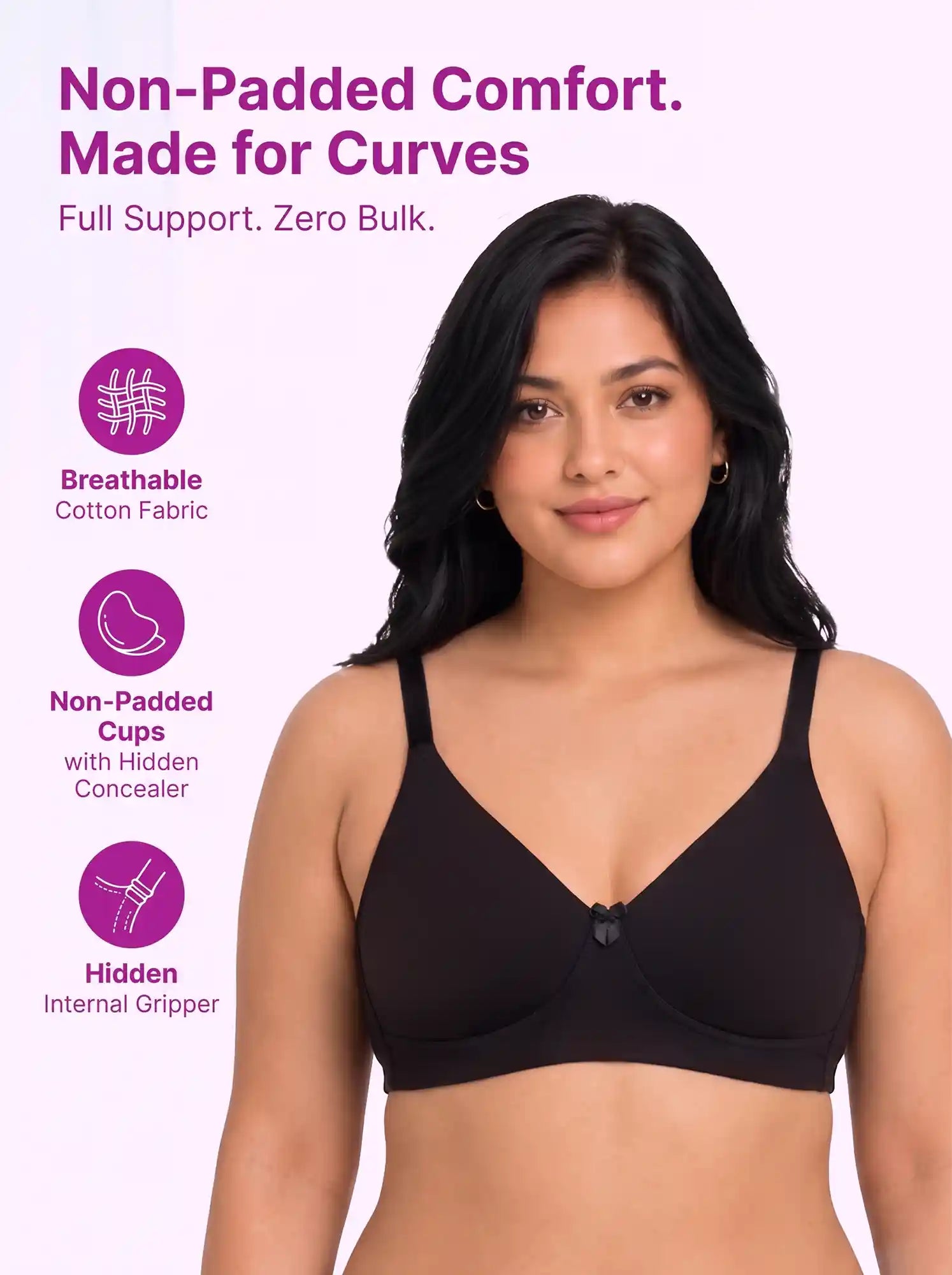 Cotton Non-Padded Plus-Size Full Coverage Bonded Bra | Broad Straps | Hidden Concealer (PAL-401) (Black)