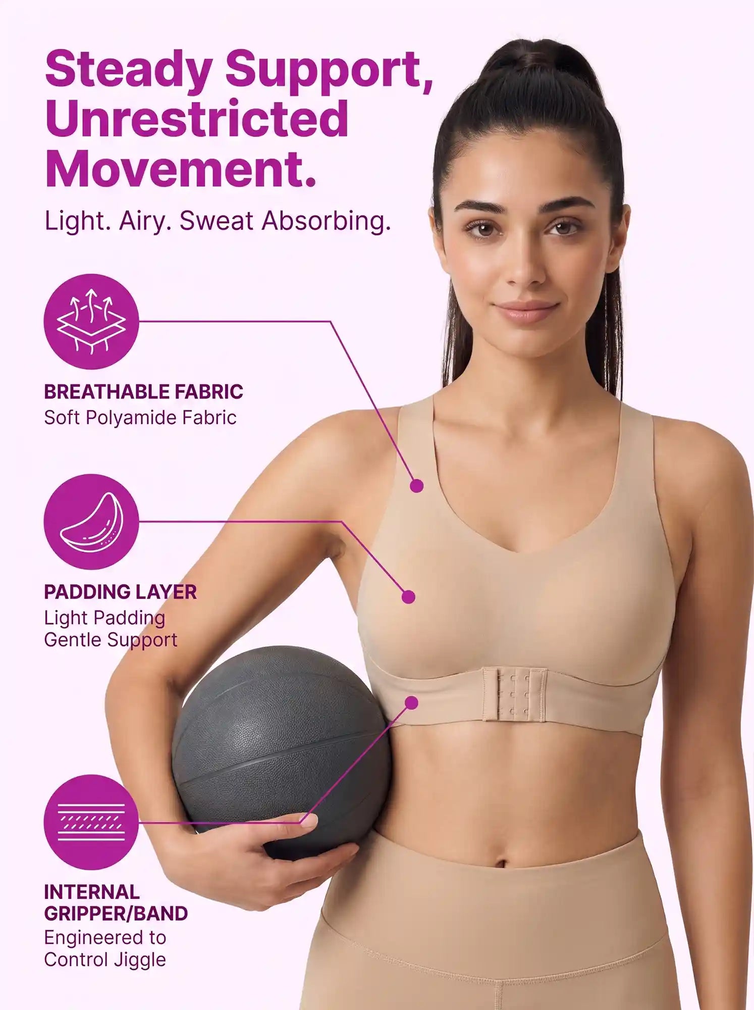 Polyamide Padded Bonded Gym Bra | Crisscross Power Back | Front & Back Hook Closure | Full Coverage (PAL-SB-987)(Skin)