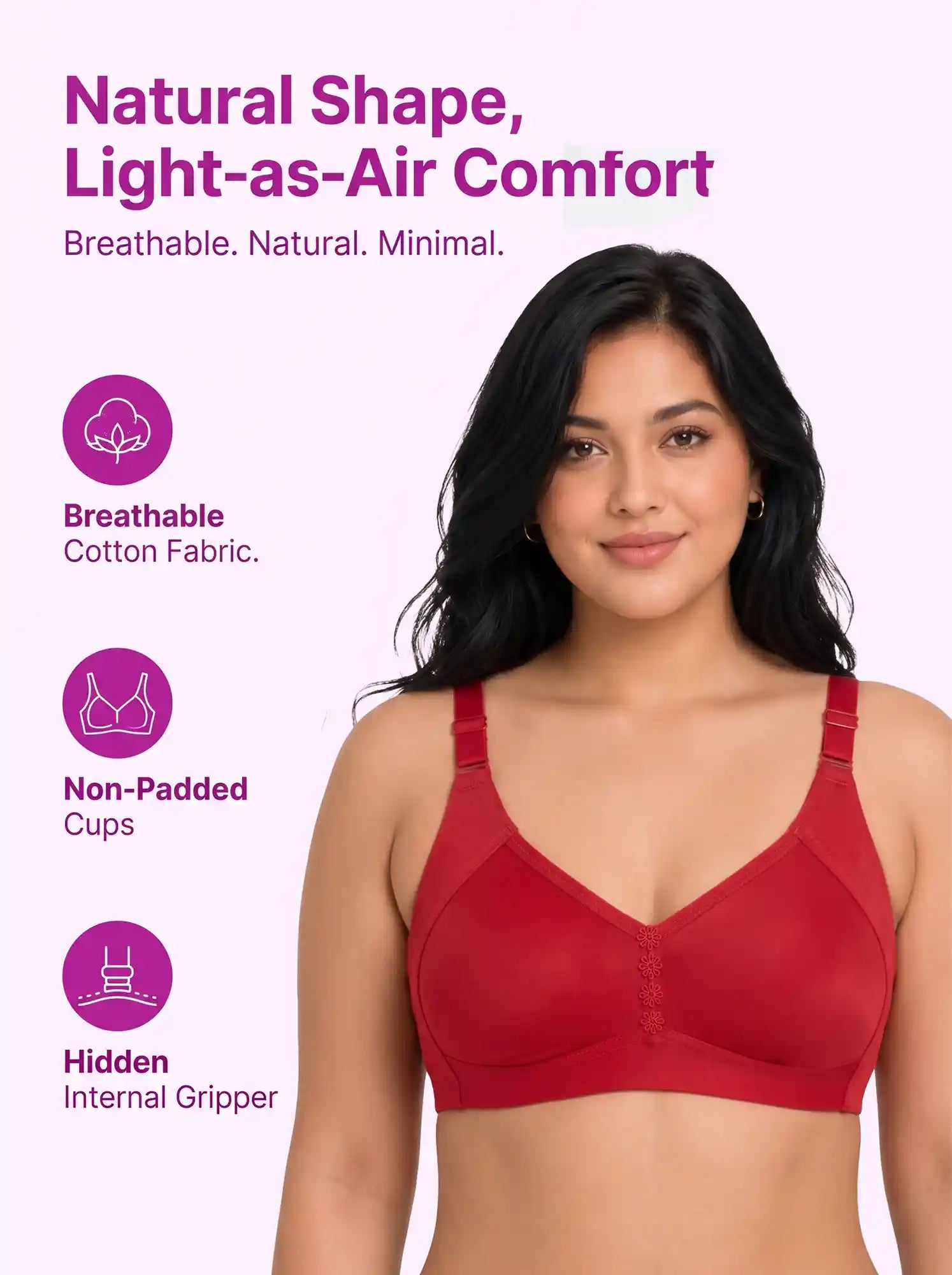 Cotton Non-Padded M-Frame Minimiser Bonded Bra | Full Coverage | Wire-free Seamless Comfort  (PAL-CT-4005) (Red)