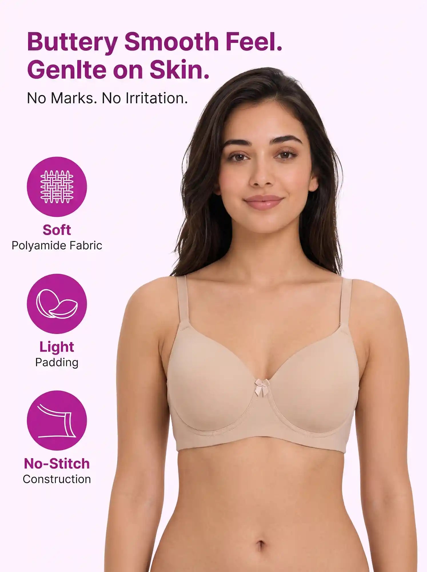 Polyamide Level-1 Padded Full Coverage Bonded T-Shirt Bra | Wire-free Comfort, No-Marks, No Rashes (PAL-5991) (SKIN)