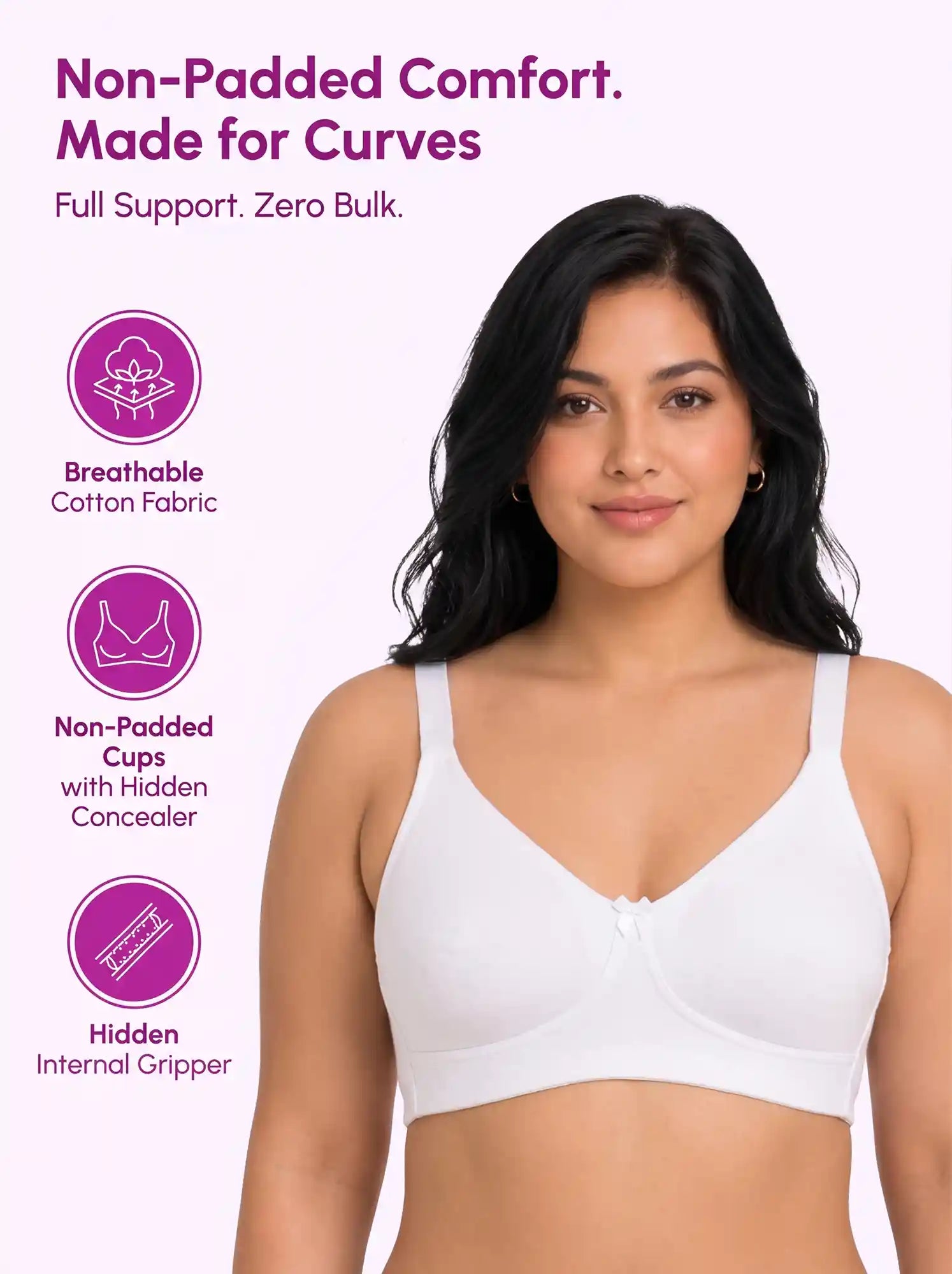 Cotton Non-Padded Plus-Size Full Coverage Bonded Bra | Broad Straps | Hidden Concealer (PAL-401) (White)
