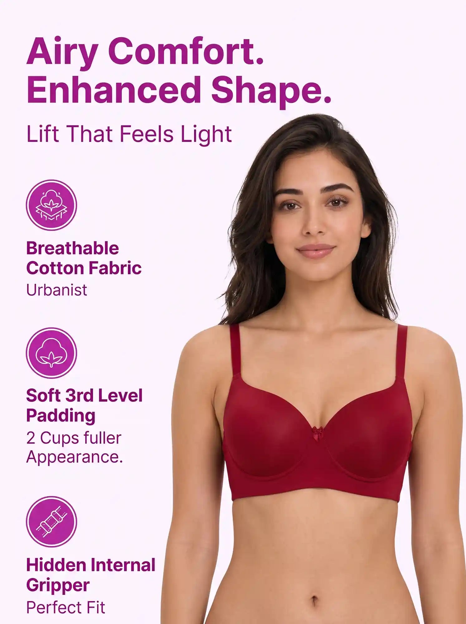 Cotton Level-3 Padded Push-Up Bonded Bra | 3/4th Coverage | Wire-free Seamless Comfort (PAL-SB-3510) (Red)