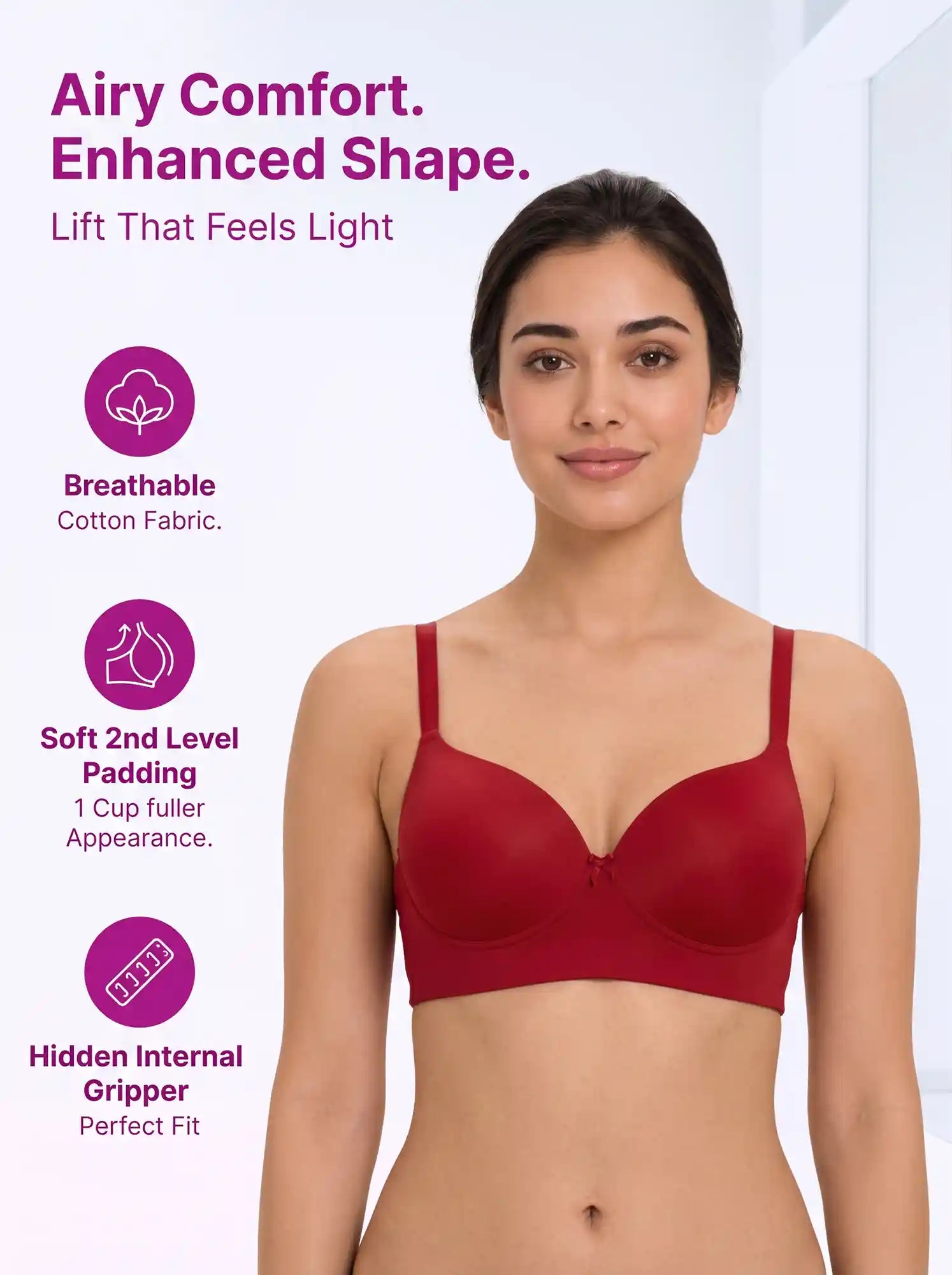 Cotton Level-2 Padded Push-Up Maximiser Bonded Bra | 3/4th Coverage | Wire-free Seamless Comfort (PAL-SB-7015) (Red)