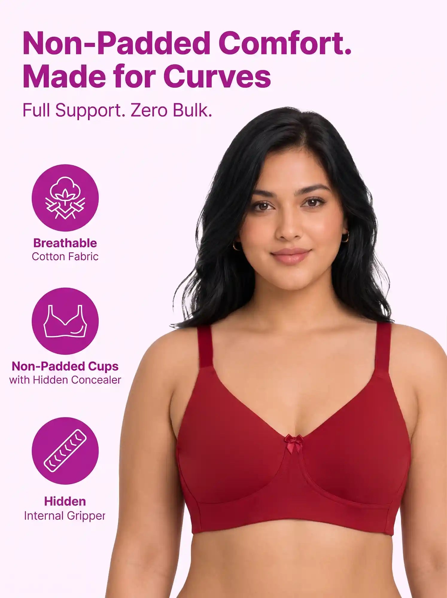Cotton Non-Padded Plus-Size Full Coverage Bonded Bra | Broad Straps | Hidden Concealer (PAL-401) (Red)
