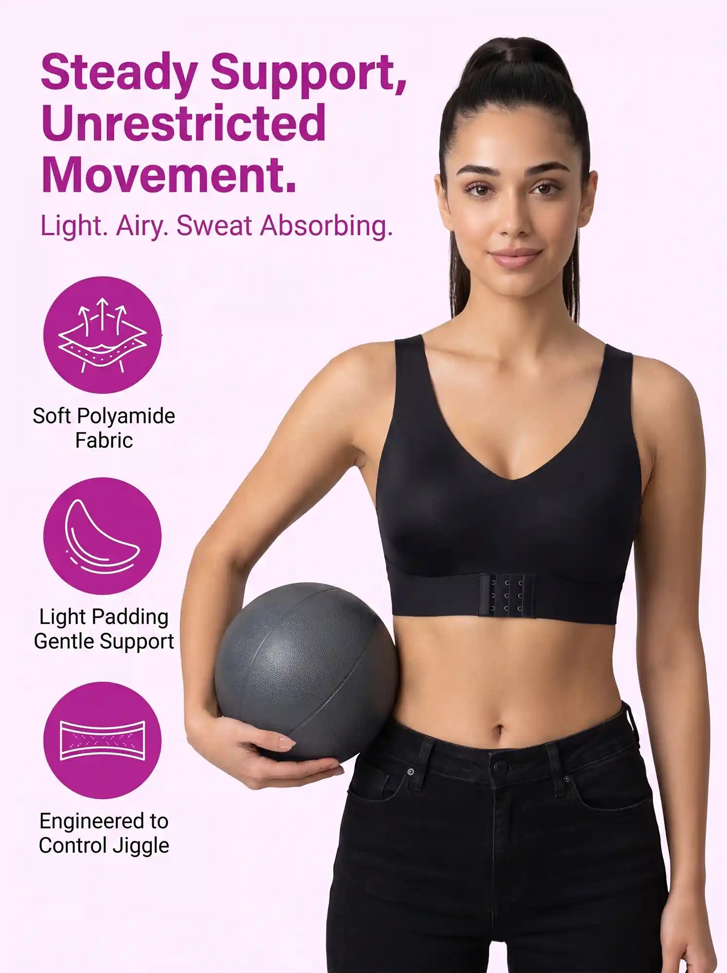 Polyamide Padded Bonded Gym Bra | Crisscross Power Back | Front & Back Hook Closure | Full Coverage (PAL-SB-987)(Black)