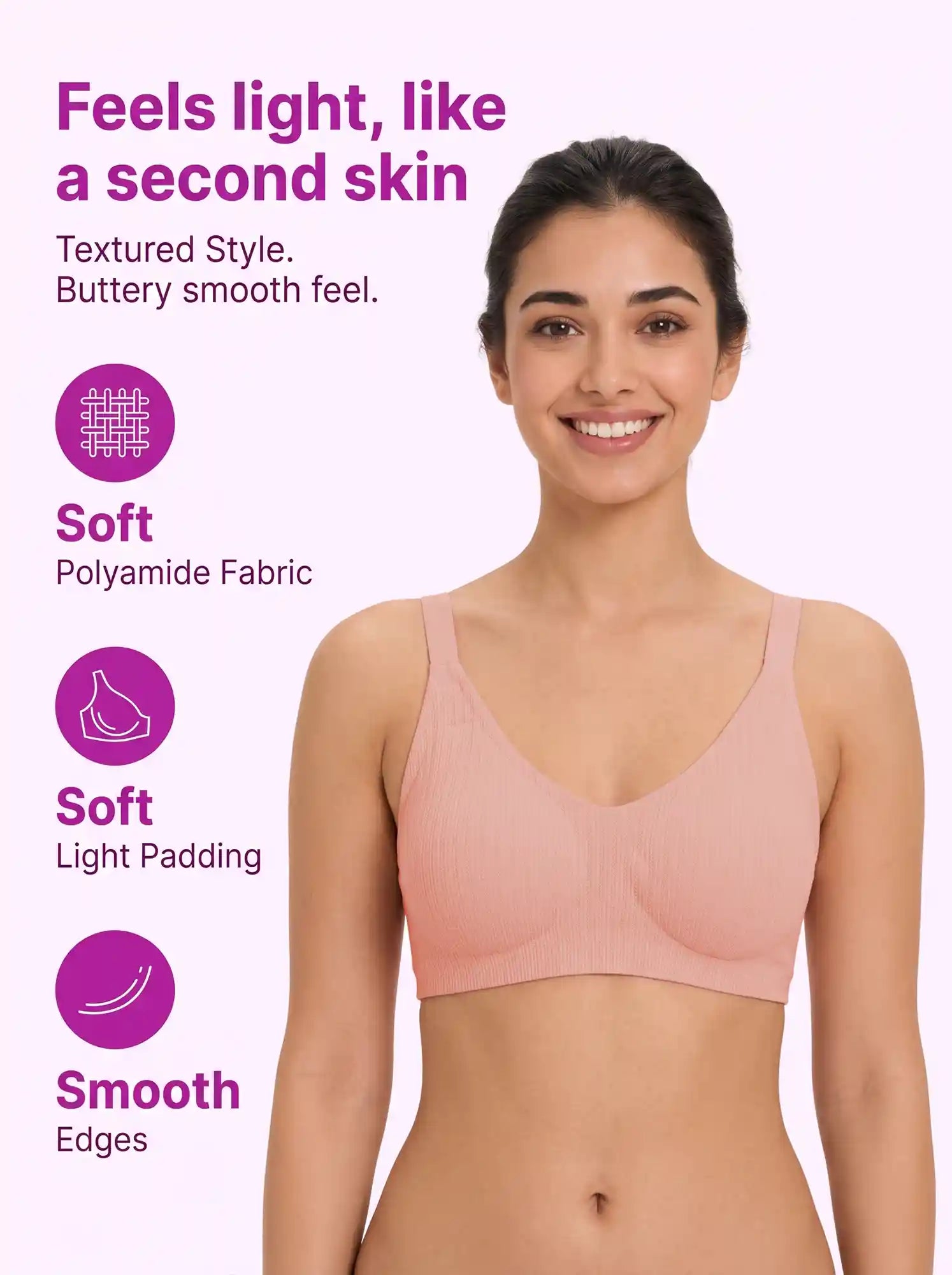 Ribbed Polyamide Lightly Padded Full Coverage Bonded T-Shirt Bra PAL-SB-98 (Peach)