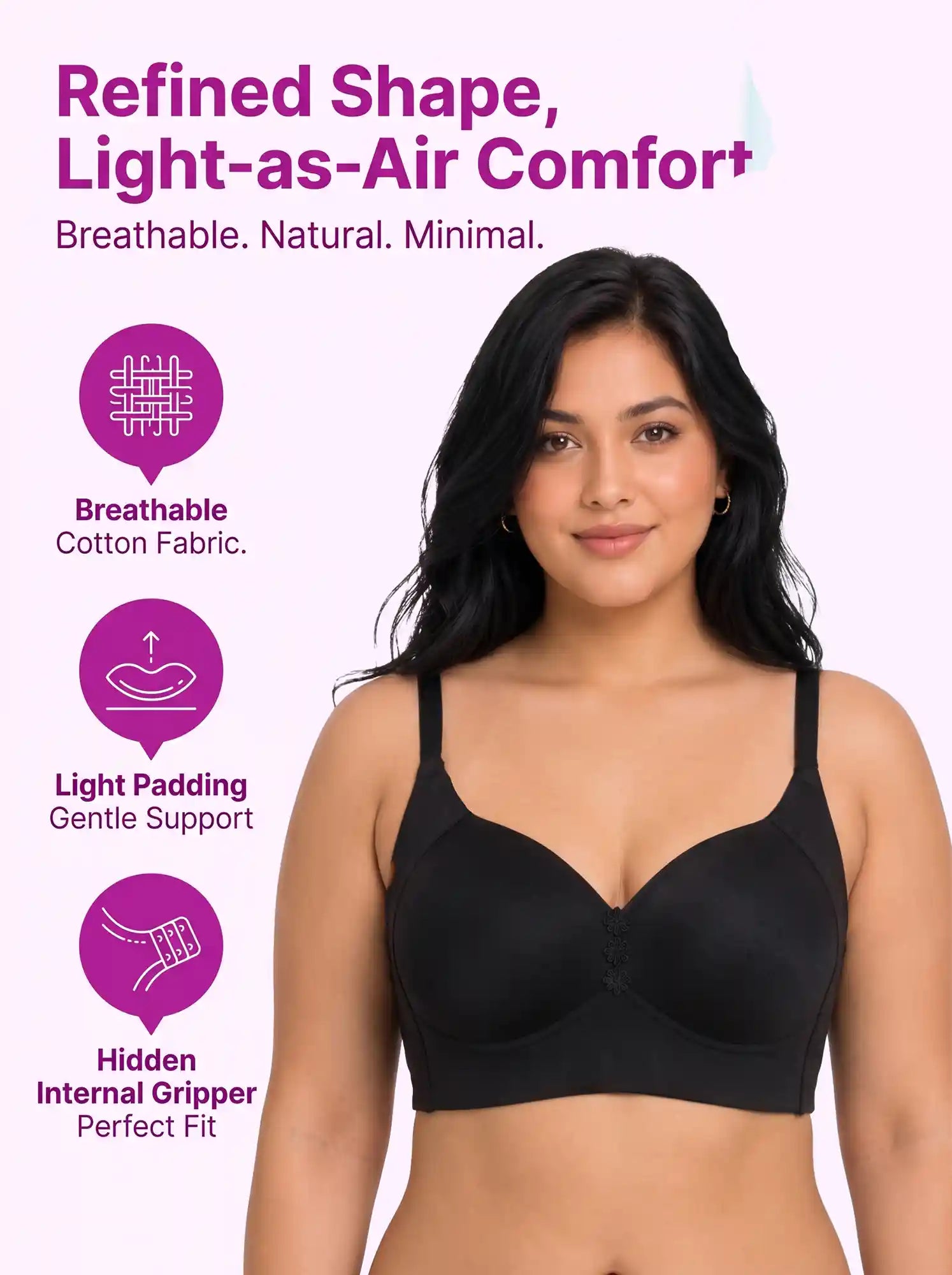 Cotton Padded Plus-Size M-frame Minimiser Bonded Bra | Balanced Shape PAL-SB-203 (Black)