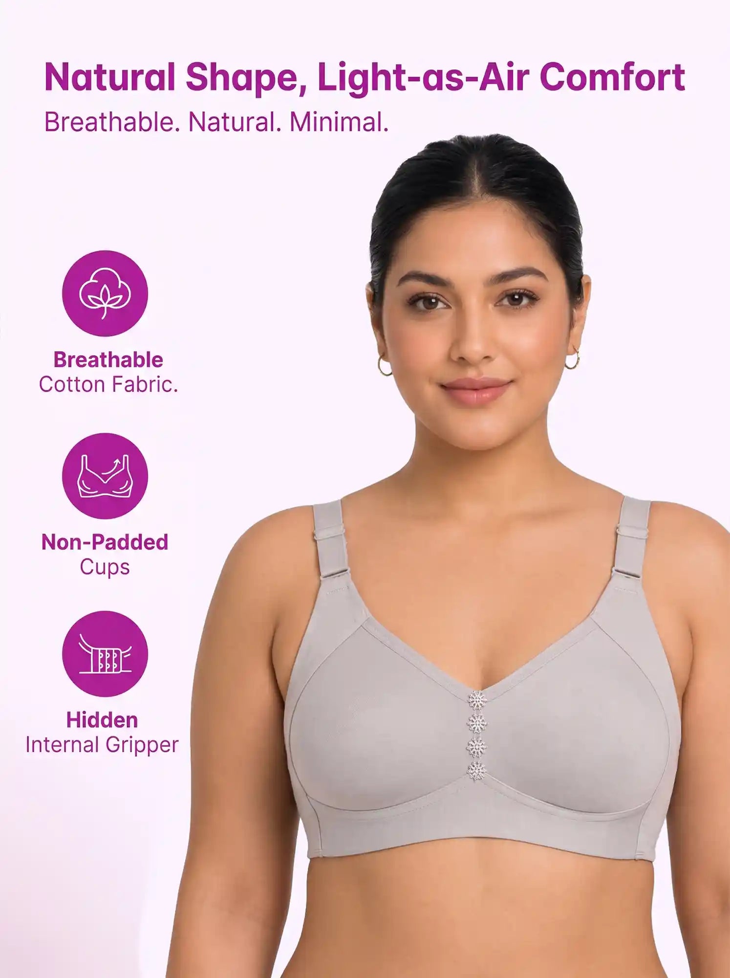 Cotton Non-Padded M-Frame Minimiser Bonded Bra | Full Coverage | Wire-free Seamless Comfort  (PAL-CT-4005) (Grey)