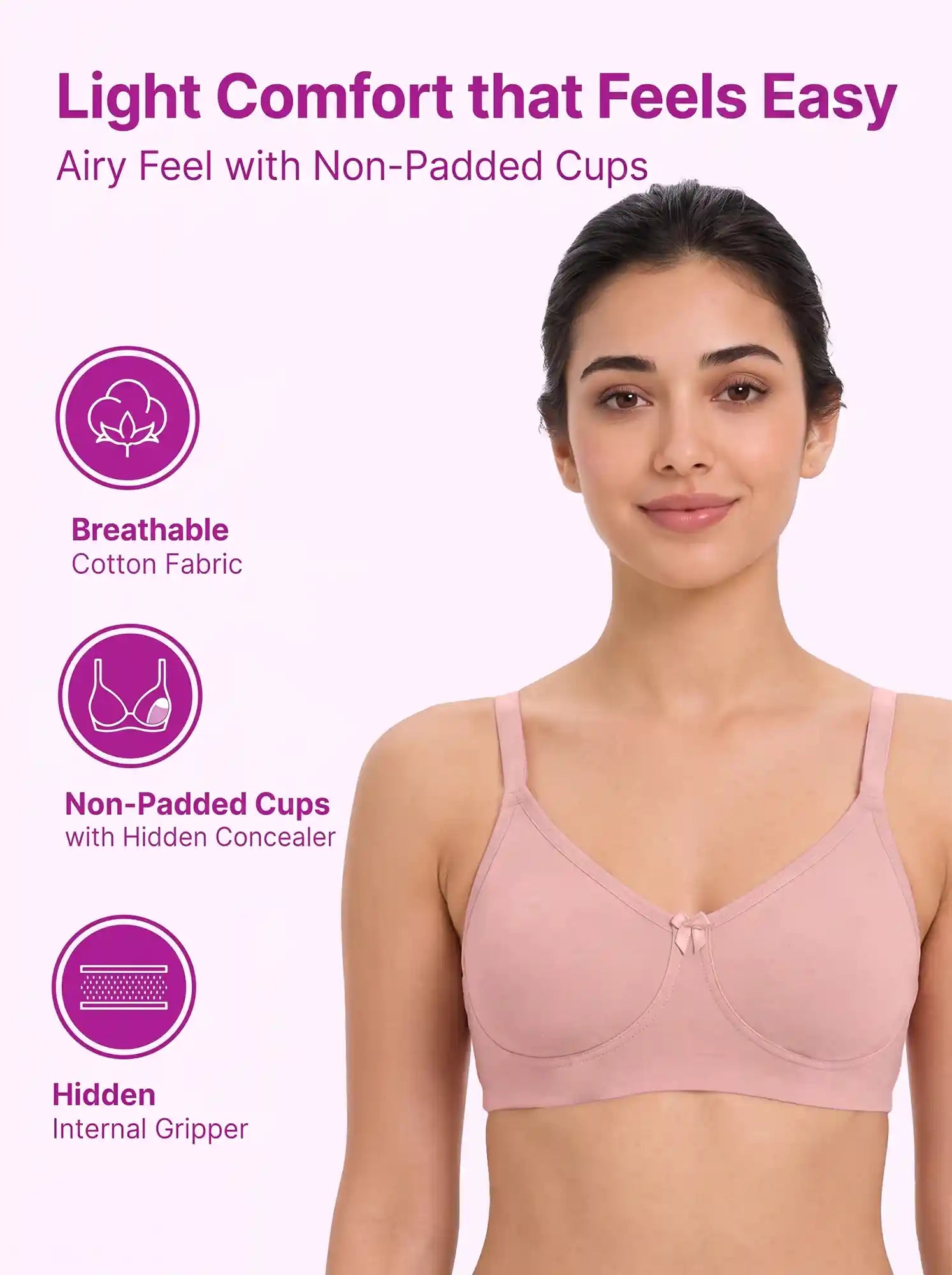 Cotton Non-Padded Full Coverage Bonded T-Shirt Bra | No-Marks, No Rashes (PAL-352) (Pink)