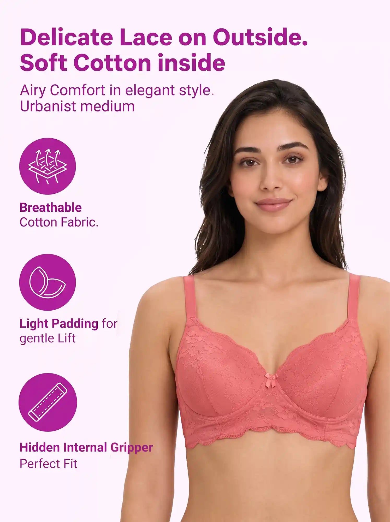 Cotton Padded Bonded Lace Bra | Inner Cotton Lining | Full Coverage | Wire-free Comfort (PAL-SB-5803) (Coral)