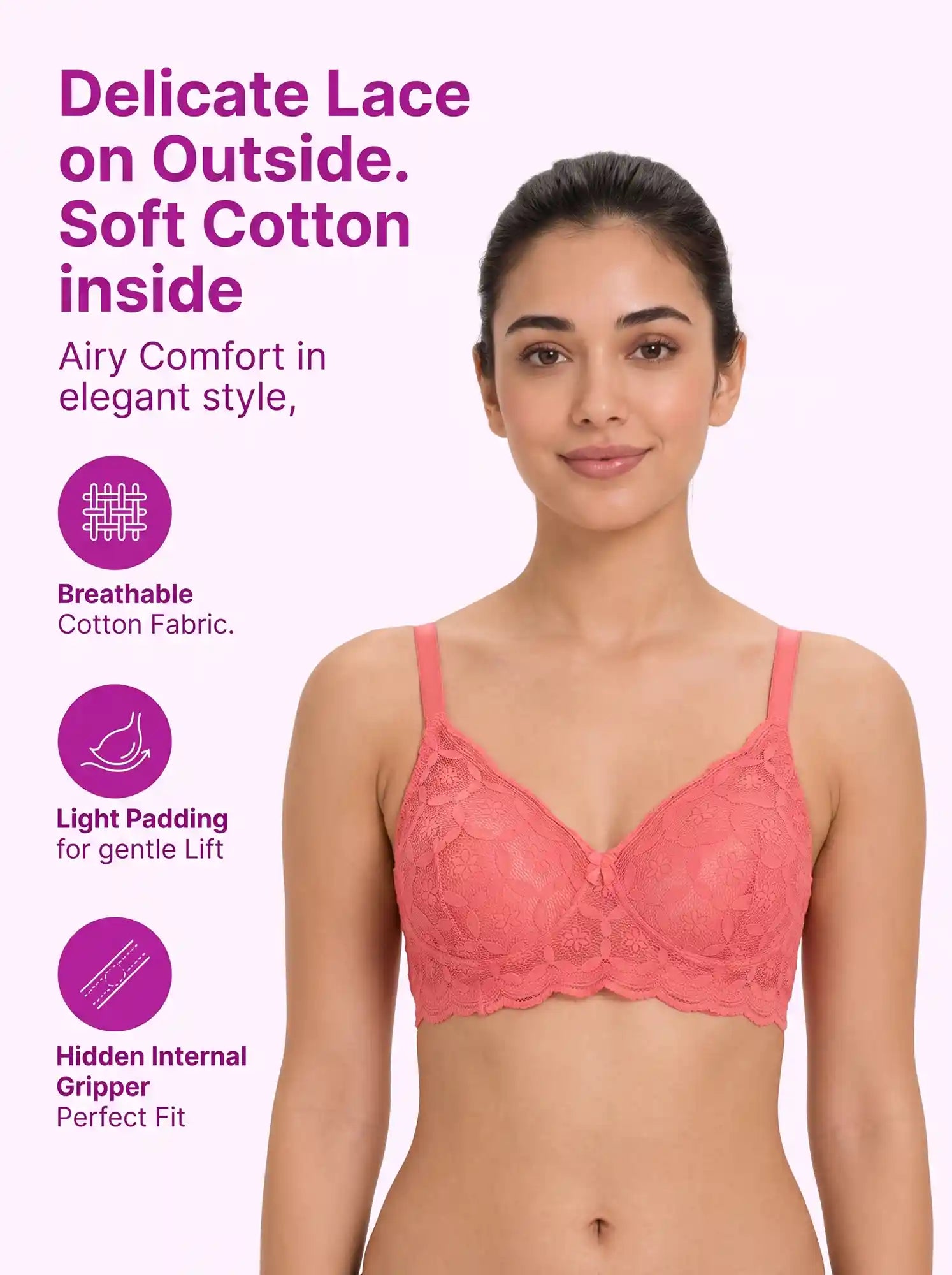 Cotton Padded Bonded Lace Bra | Inner Cotton Lining | Full Coverage | Wire-free Comfort (PAL-SB-5804) (Coral)