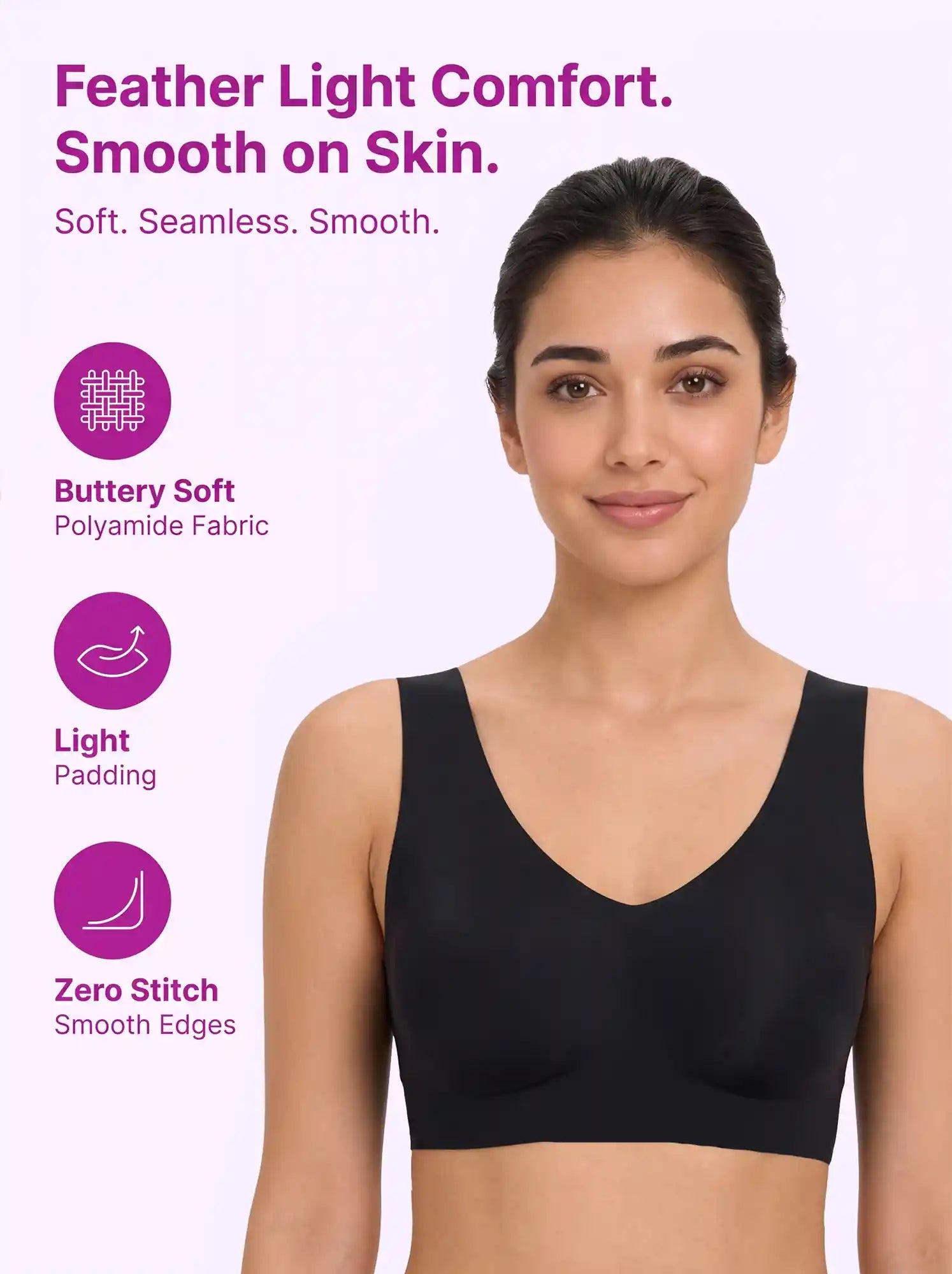 Polyamide Padded Slip-On Bonded T-Shirt Bra | Full Coverage Seamless Design (PAL-SB-985) (Black)