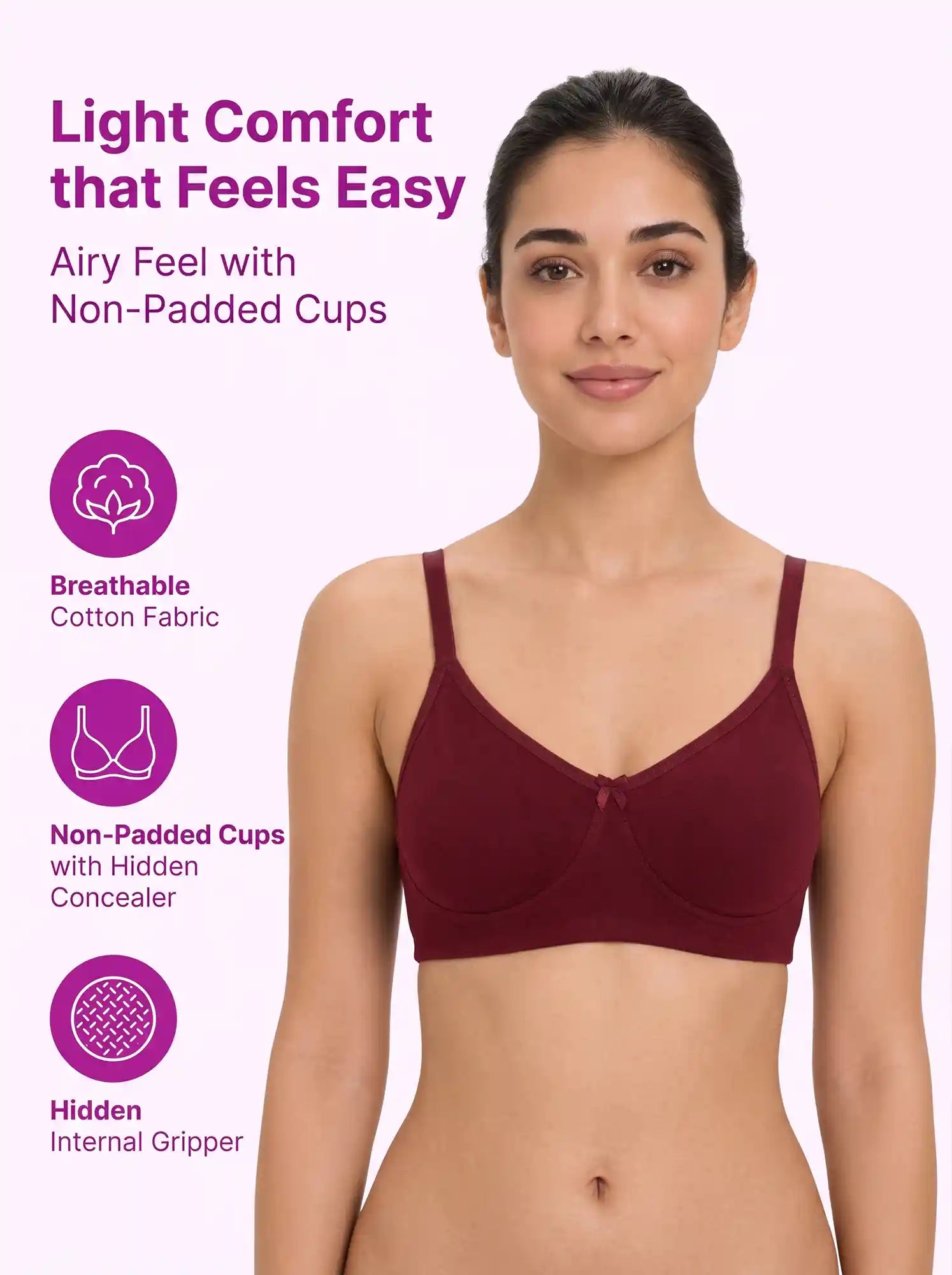 Cotton Non-Padded Full Coverage Bonded T-Shirt Bra | No-Marks, No Rashes (PAL-352) (Wine)