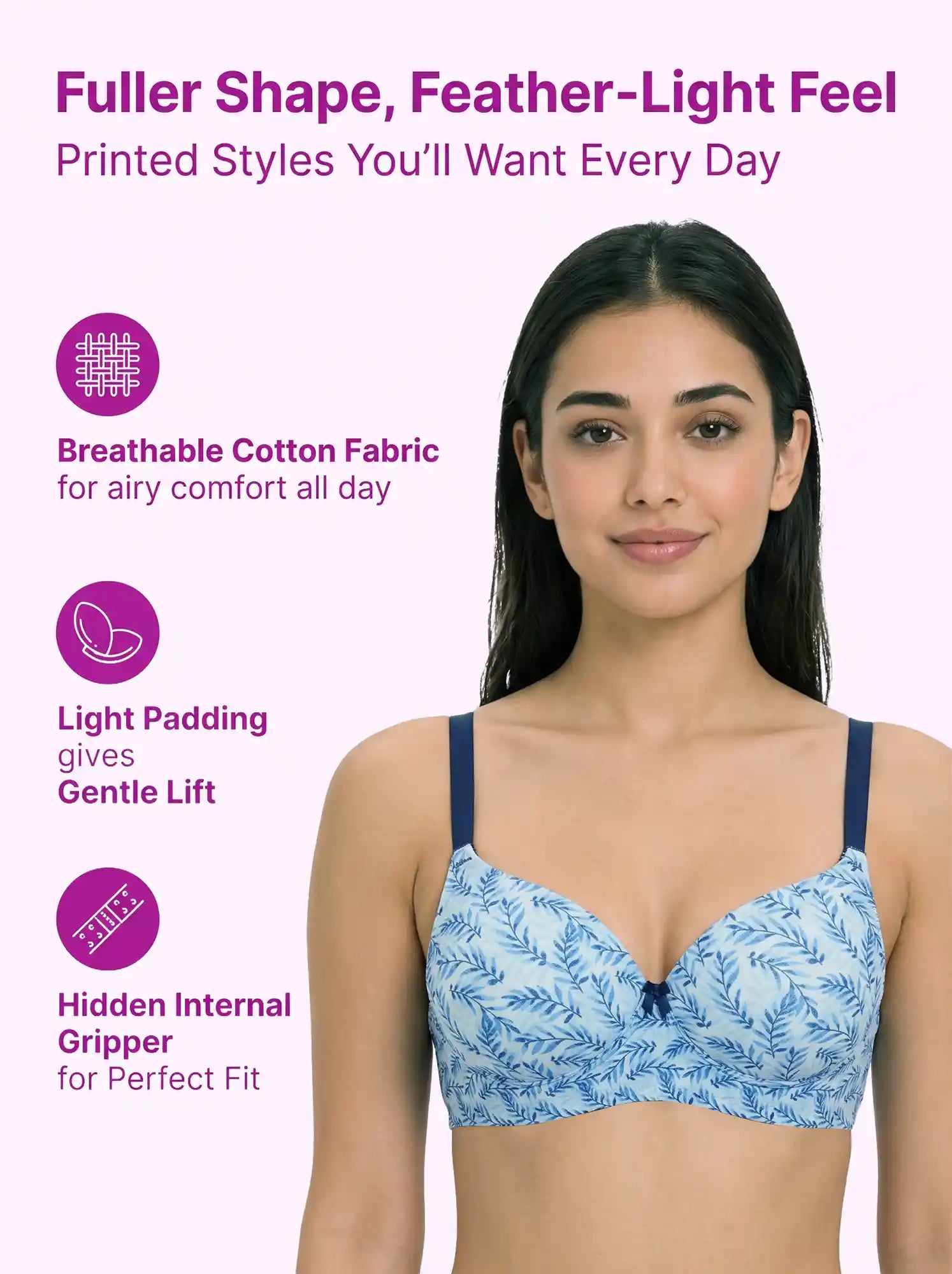 Printed Polyamide Level-2 Padded Push-Up Maximiser Bonded Bra | 3/4th Coverage | Wire-free Comfort, No Marks, No Poking (PAL-51753)