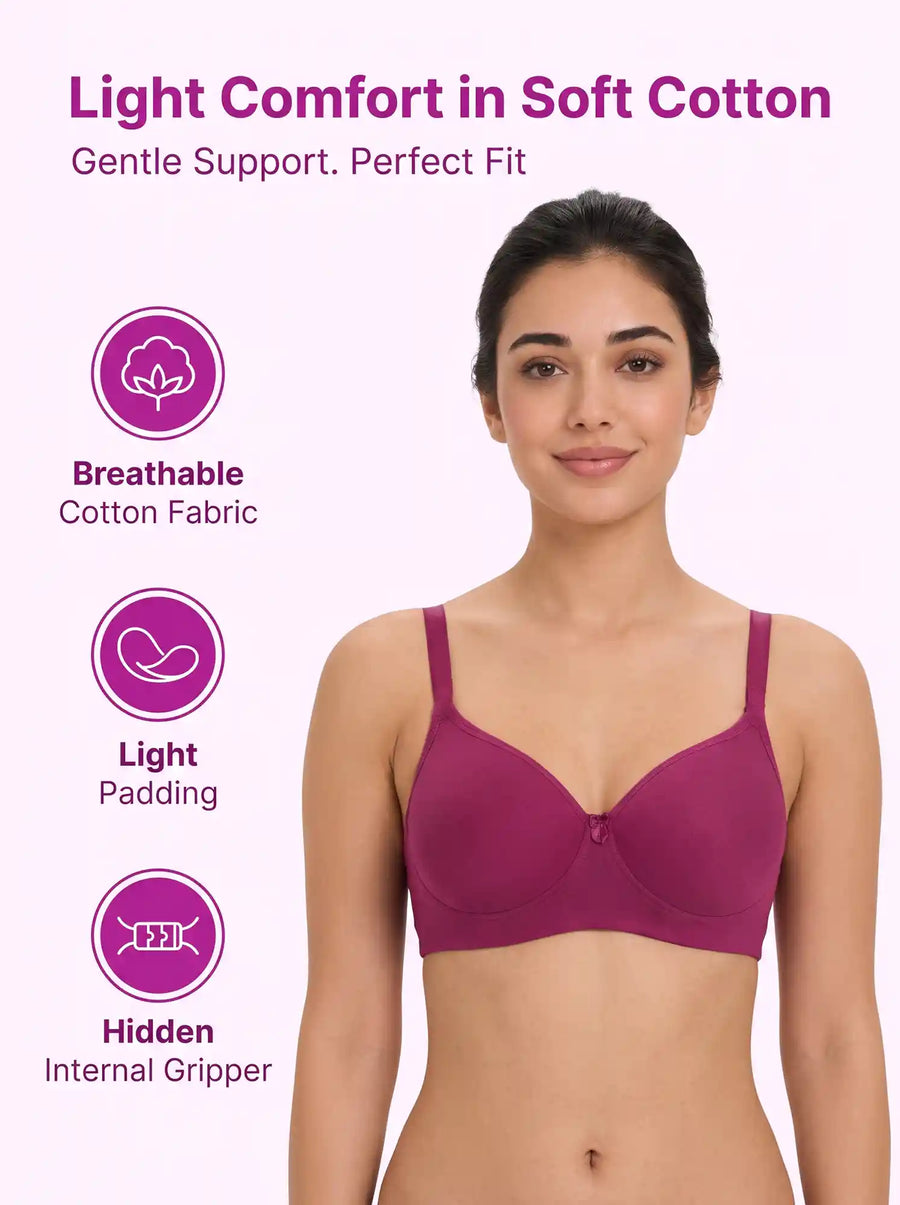Cotton Padded Full Coverage Bonded T-Shirt Bra | No-Marks, No Rashes (PAL-1013)(Magenta)