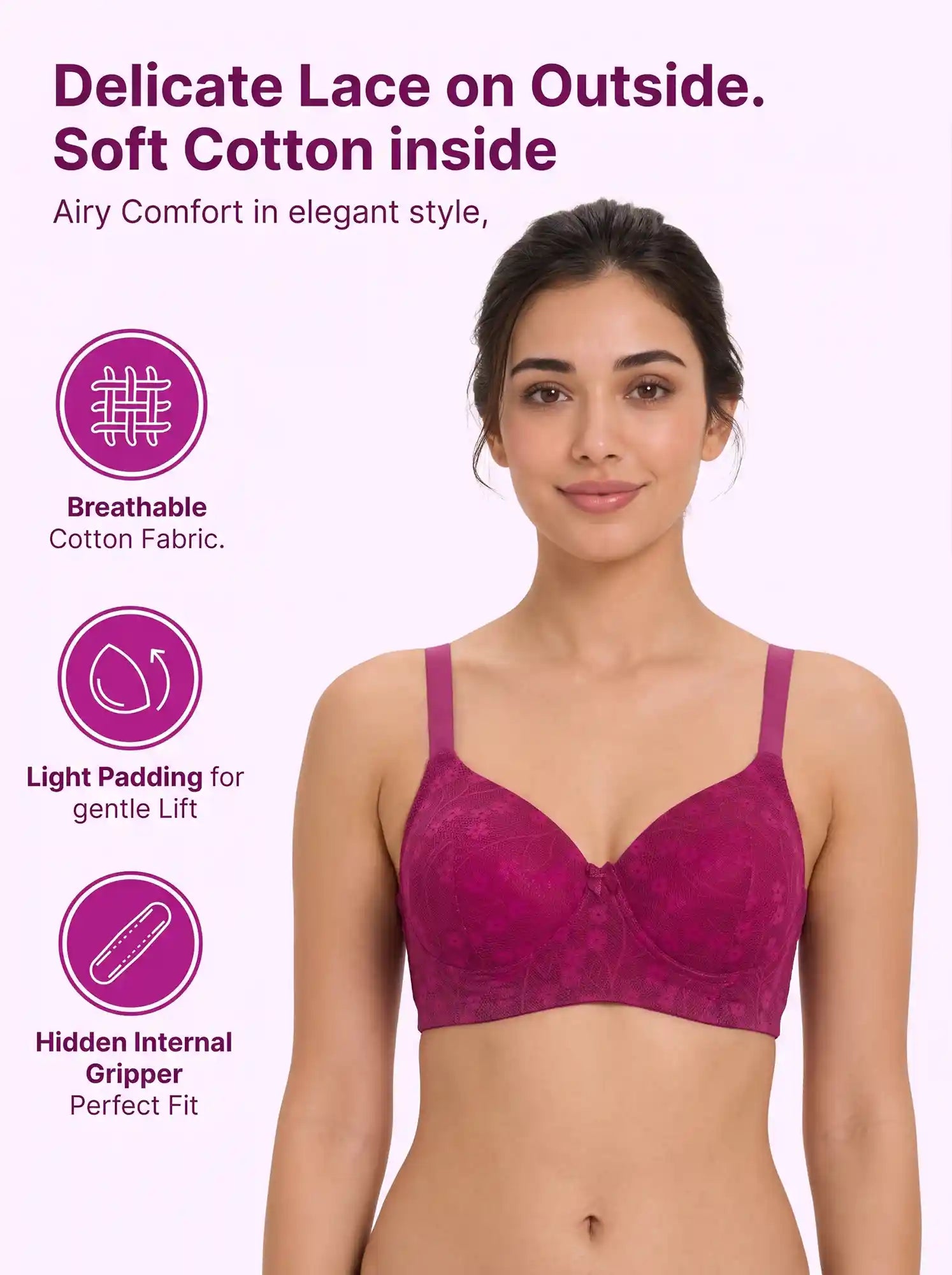 Cotton Padded Bonded Lace Bra | Inner Cotton Lining | Full Coverage | Wire-free Comfort (PAL-SB-58011) (WIne)