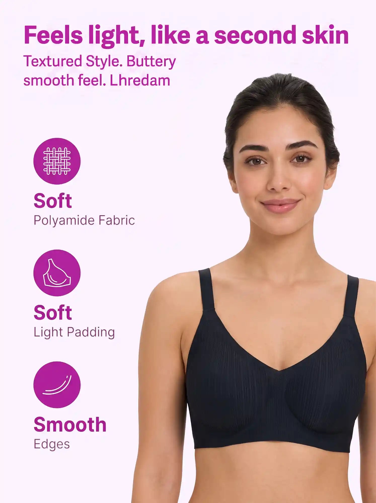 Ribbed Polyamide Lightly Padded Full Coverage Bonded T-Shirt Bra PAL-SB-98 (Black)