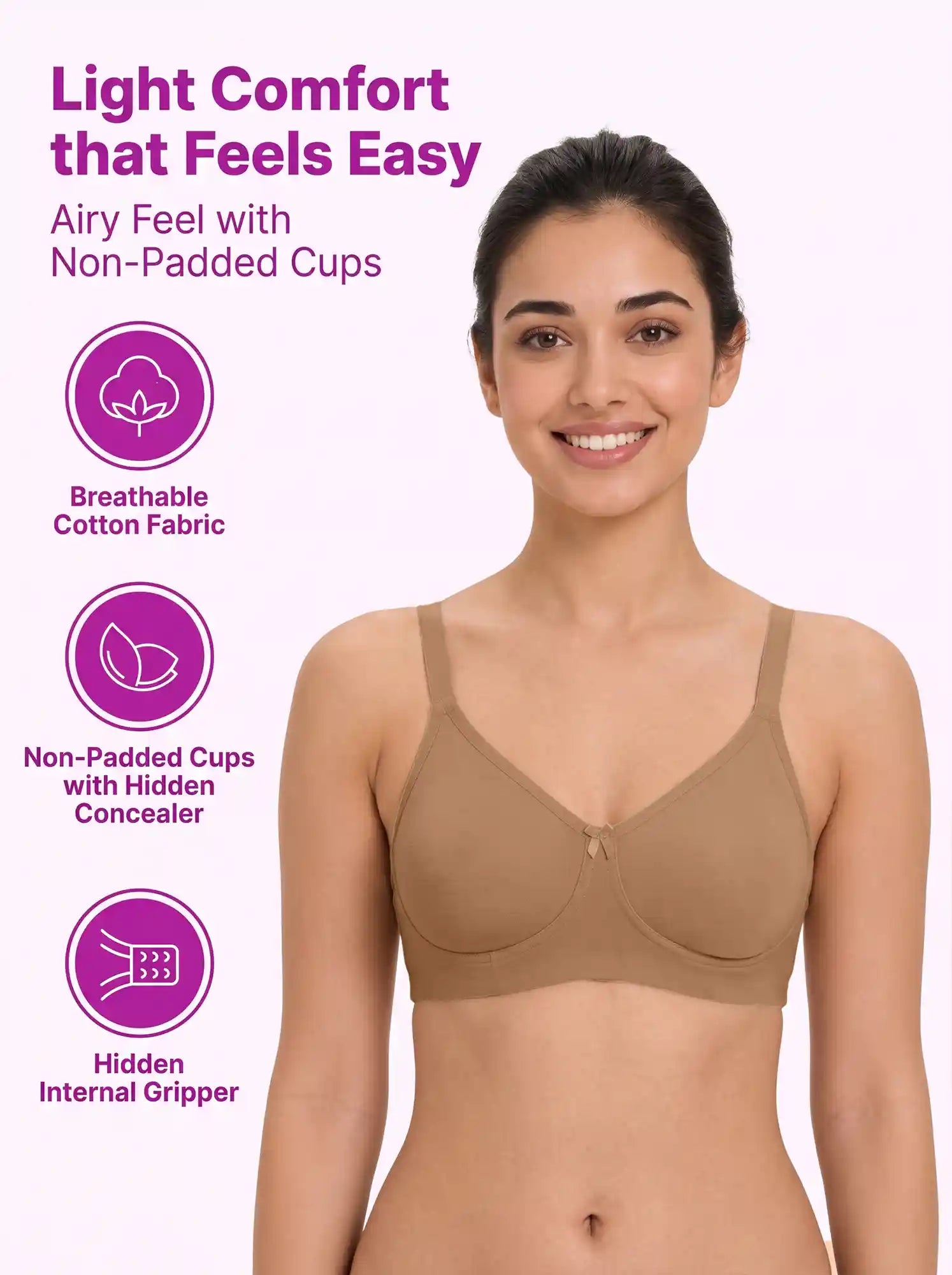 Cotton Non-Padded Full Coverage Bonded T-Shirt Bra | No-Marks, No Rashes (PAL-352) (Fawn)