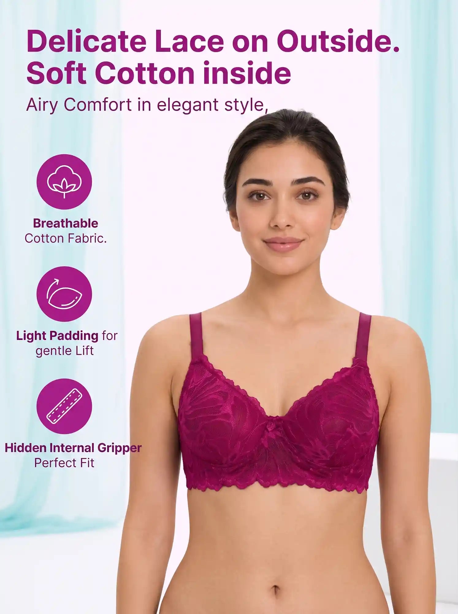 Cotton Padded Bonded Lace Bra | Inner Cotton Lining | Full Coverage | Wire-free Comfort (PAL-SB-5801) (Wine)