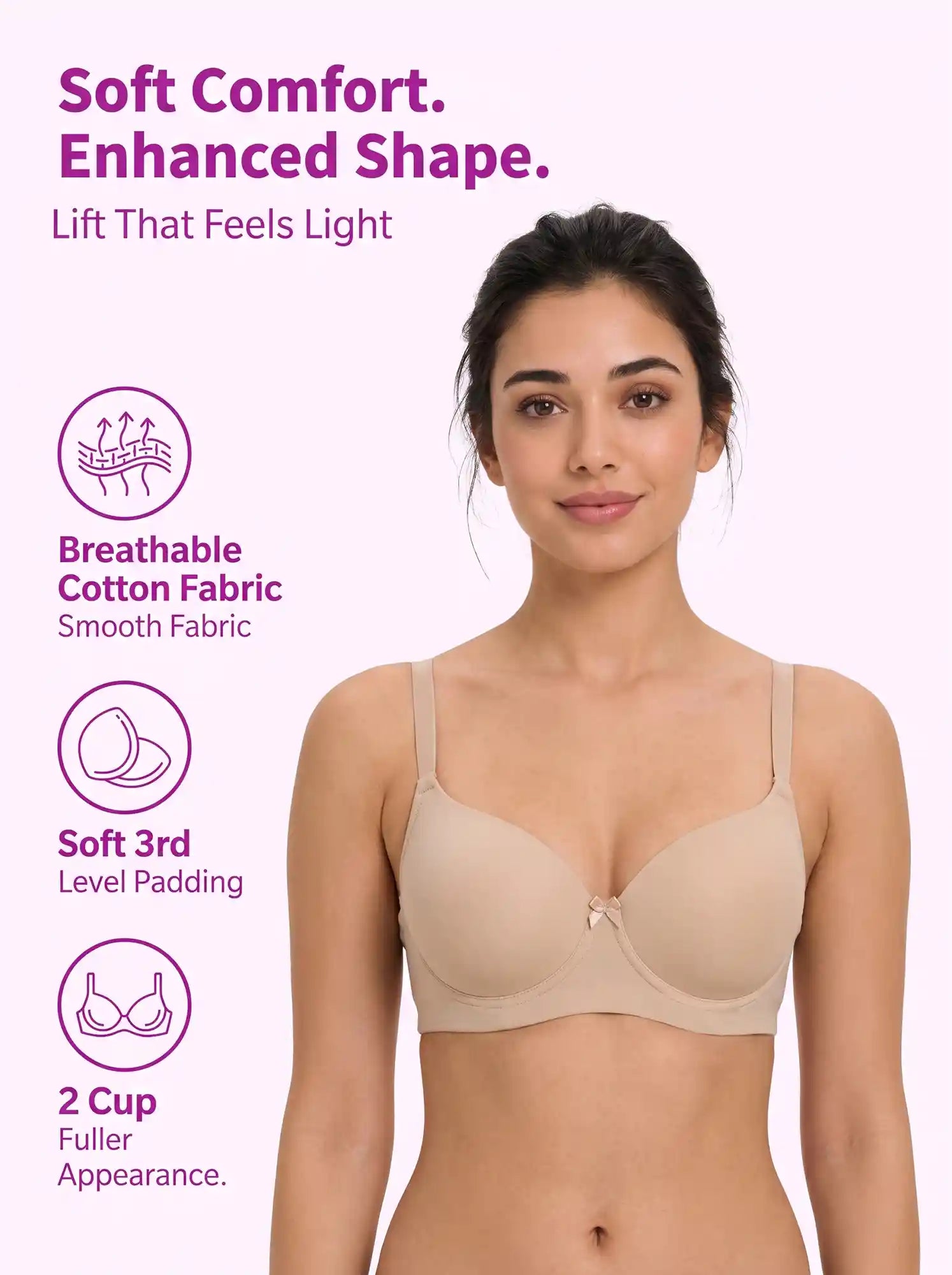 Polyamide Level-3 Padded Push-Up Bonded Bra | 3/4th Coverage | Wire-free Comfort, No Marks, No Rashes (PAL-IS-5301) (Skin)