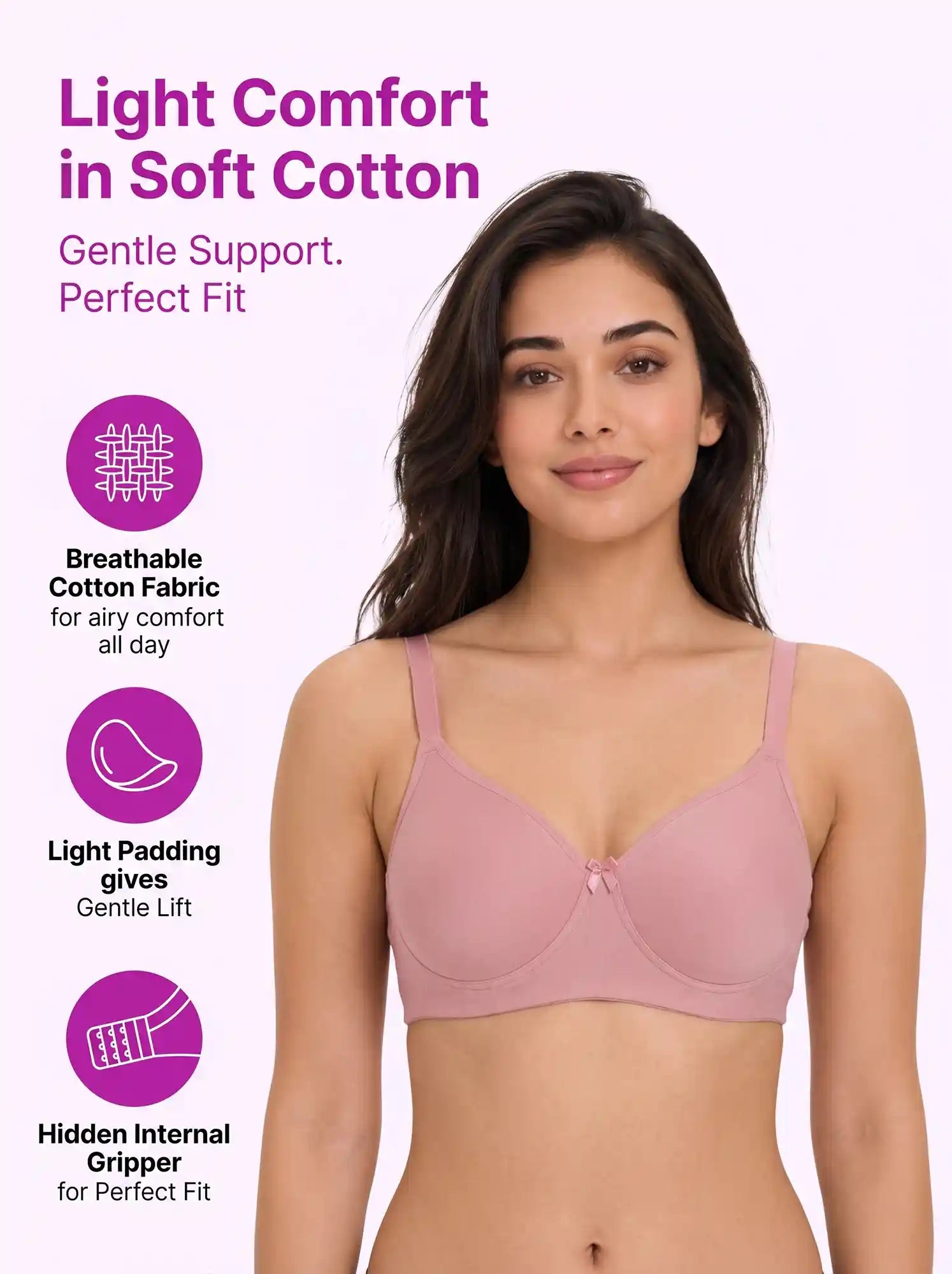Cotton Padded Full Coverage Bonded T-Shirt Bra | No-Marks, No Rashes (PAL-1013)(Plum)