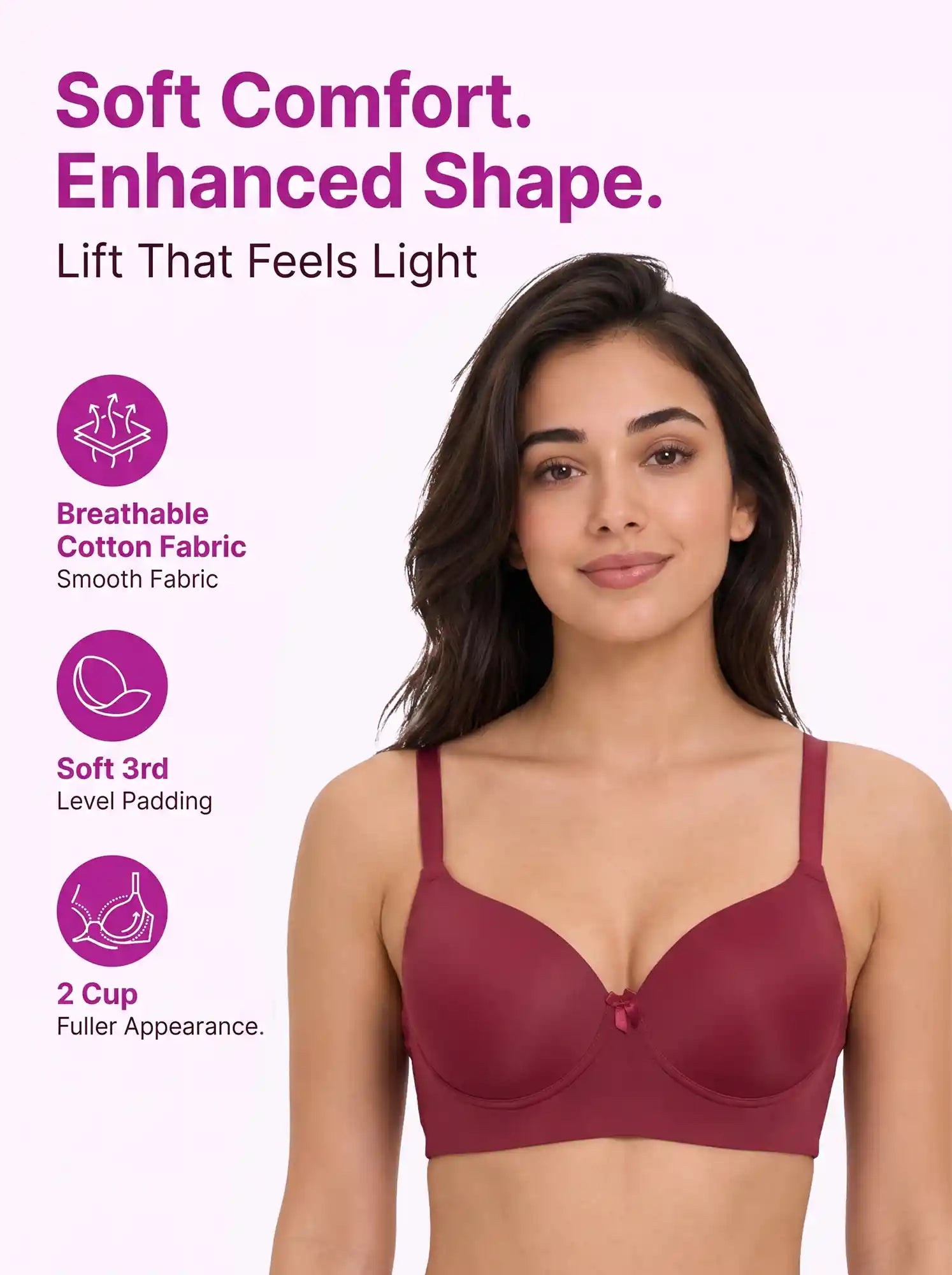 Polyamide Level-3 Padded Push-Up Bonded Bra | 3/4th Coverage | Wire-free Comfort, No Marks, No Rashes (PAL-IS-5301) (Maroon)