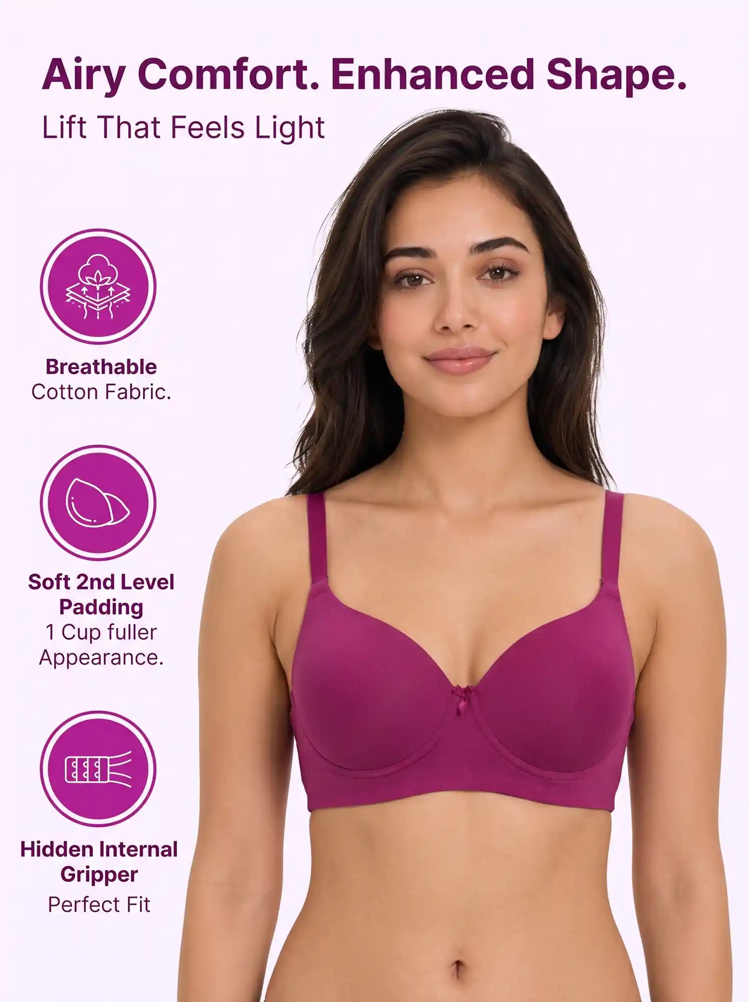 Cotton Level-2 Padded Push-Up Maximiser Bonded Bra | 3/4th Coverage | Wire-free Seamless Comfort (PAL-SB-7015) (Wine)