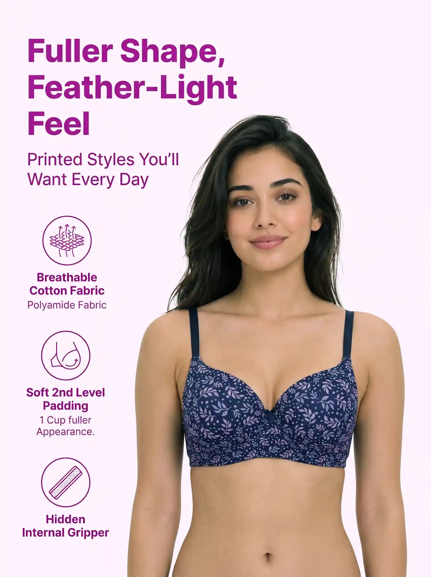 Printed Polyamide Level-2 Padded Push-Up Maximiser Bonded Bra | 3/4th Coverage | Wire-free Comfort, No Marks, No Poking (PAL-51754)