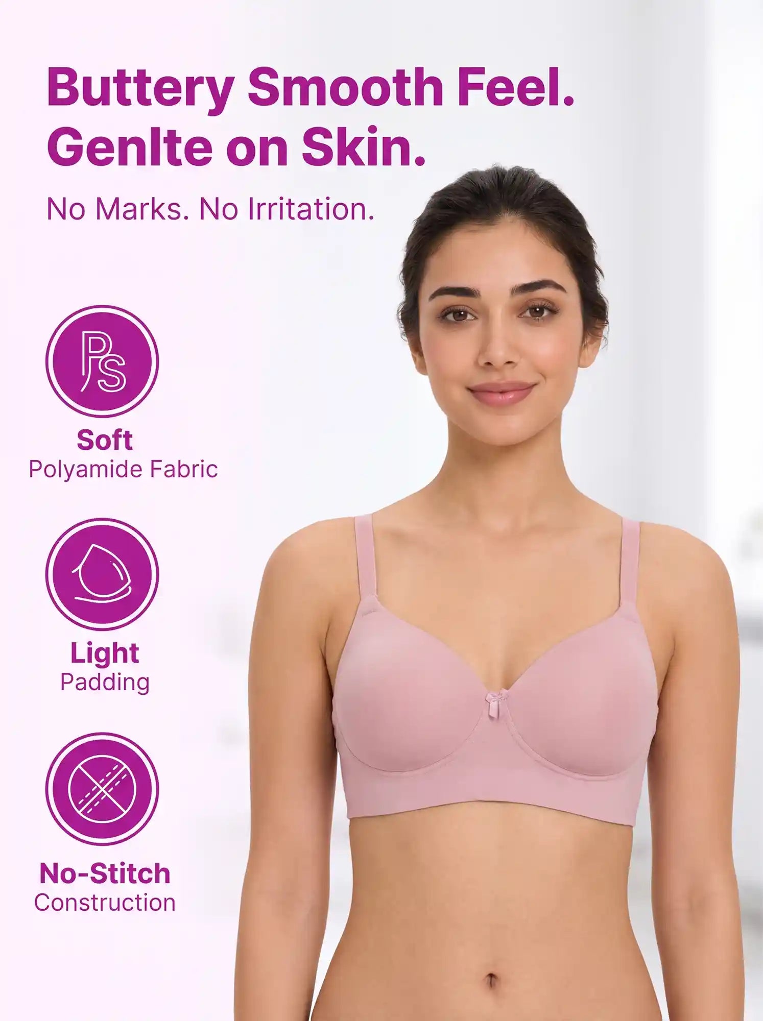 Polyamide Level-1 Padded Full Coverage Bonded T-Shirt Bra | Wire-free Comfort, No-Marks, No Rashes (PAL-5991) (Plum)