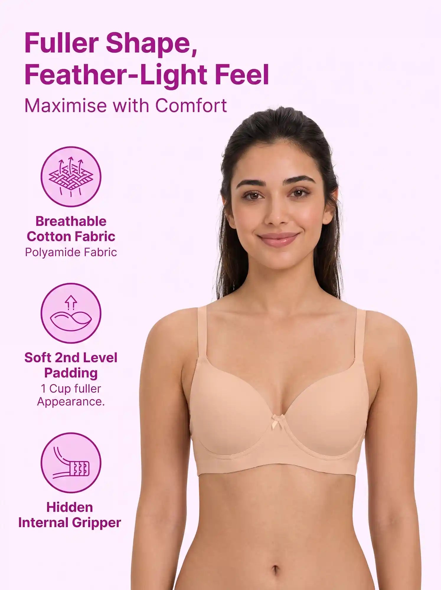Polyamide Level-2 Padded Push-Up Maximiser Bonded Bra | 3/4th Coverage | Wire-free Comfort, No Marks, No Rashes PAL-IS-5107 (Peach)