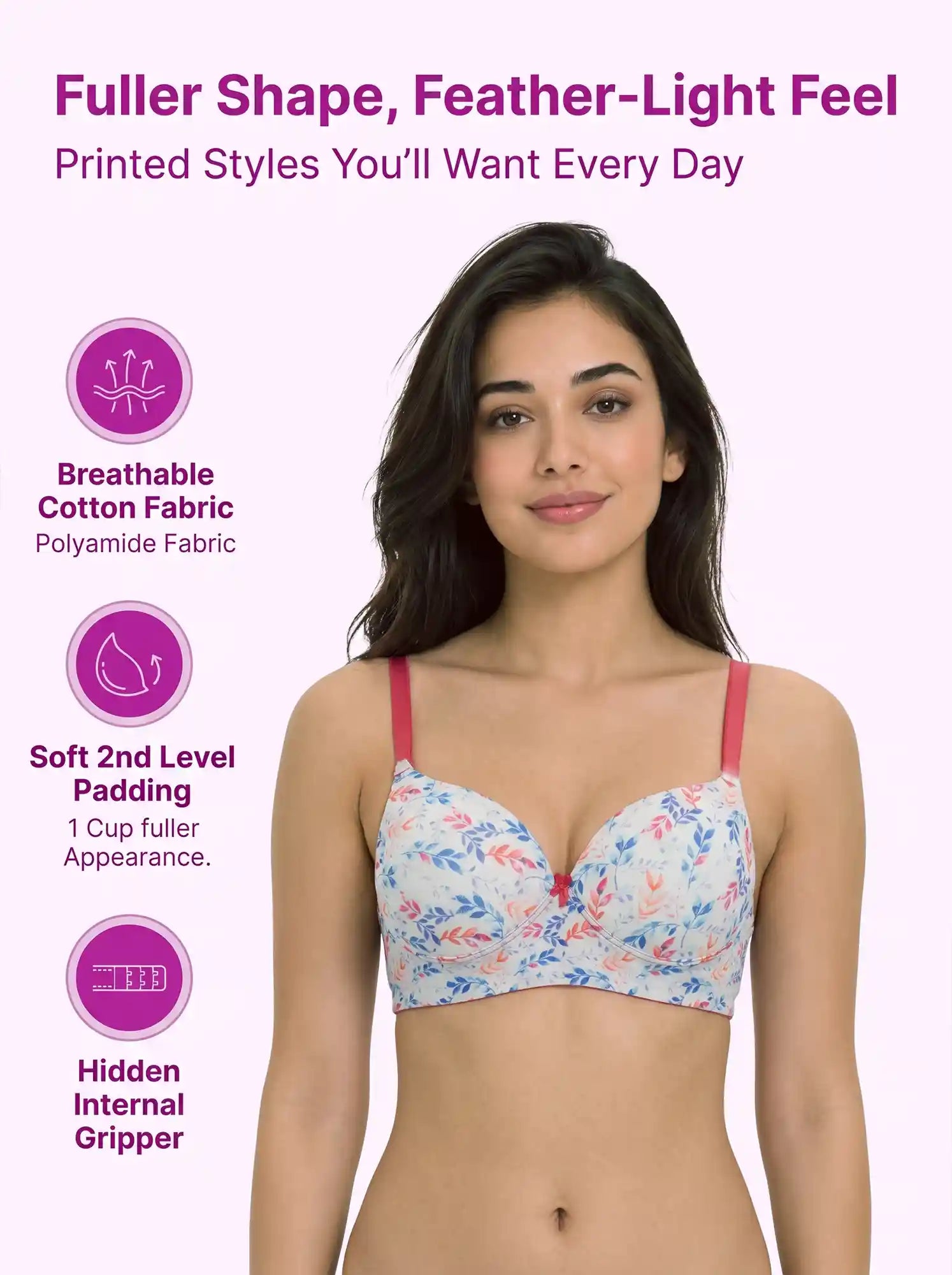Printed Polyamide Level-2 Padded Push-Up Maximiser Bonded Bra | 3/4th Coverage | Wire-free Comfort, No Marks, No Poking (PAL-51751)