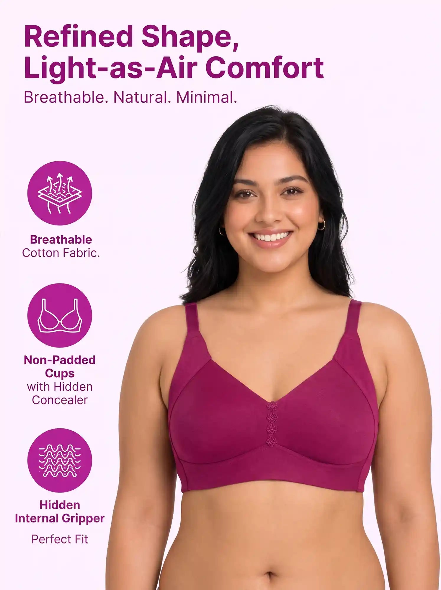 Cotton Non-Padded Plus-Size M-Frame Minimiser Bonded Bra | Balanced Shape PAL-SB-303 (Wine)